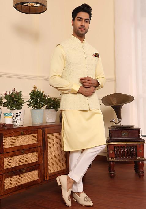 Babyhug Woven Full Sleeves Solid Colour Kurta Pyjama Set with Floral Embroidered Nehru Jacket - Lemon Yellow & Blue main image 0