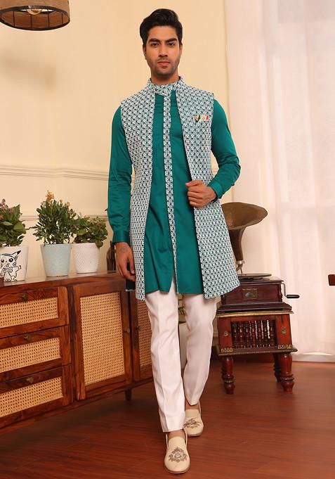 Turquoise Green Embroidered Shrug And Kurta Set For Men