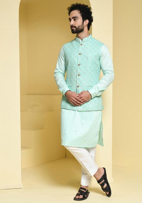 Pastel Green Embroidered Jacket And Kurta Set For Men