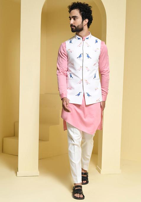 Pink And White Embroidered Jacket And Kurta Set For Men