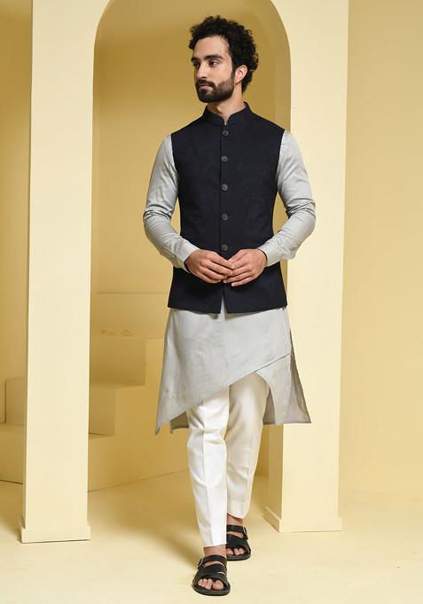 Silver And Blue Embroidered Jacket And Kurta Set For Men