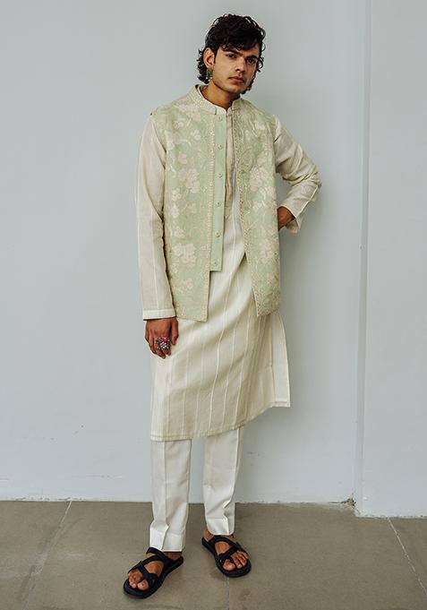 Mint Green Applique Work Chanderi Nehru Jacket Set For Men