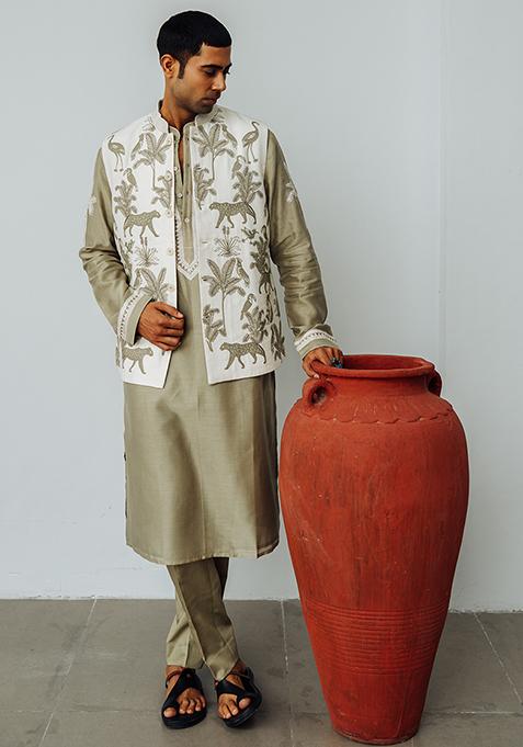 Sage Dori Embroidered Chanderi Nehru Jacket Set For Men