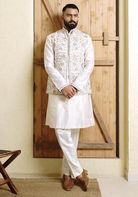 Ivory Resham Embroidered Nehru Jacket Set For Men