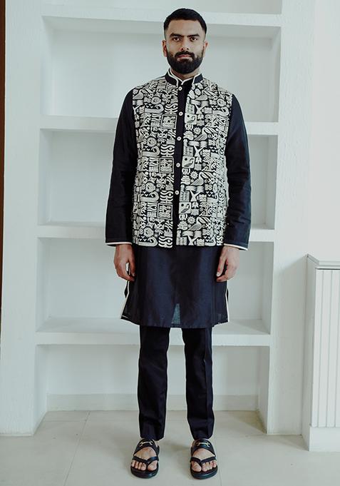 Black Resham Embroidered Nehru Jacket Set For Men