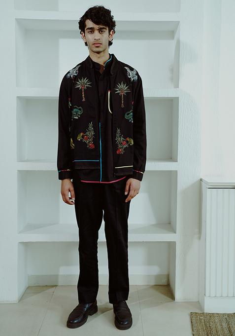 Black Resham Embroidered Jacket Set For Men