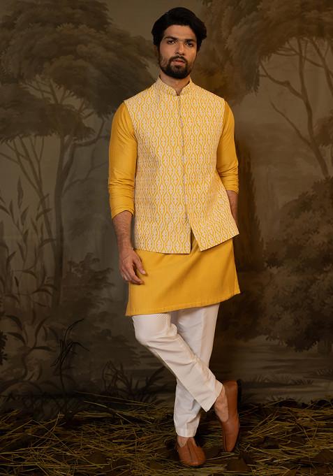 Mustard Applique Embroidered Nehru Jacket And Kurta Set For Men