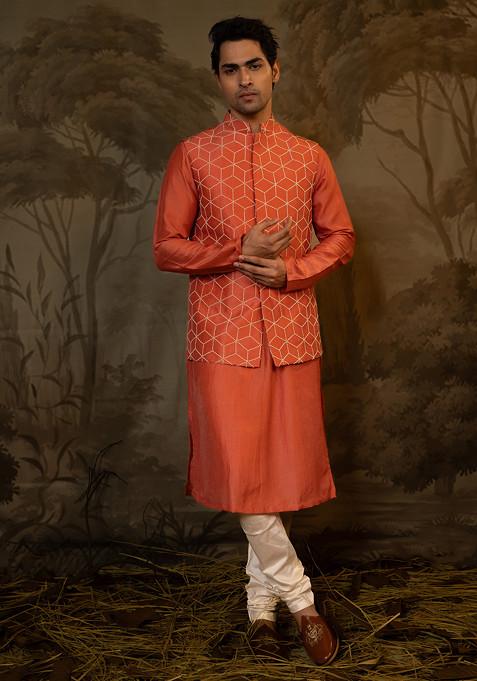 Coral French Knot Embroidered Nehru Jacket And Kurta Set For Men