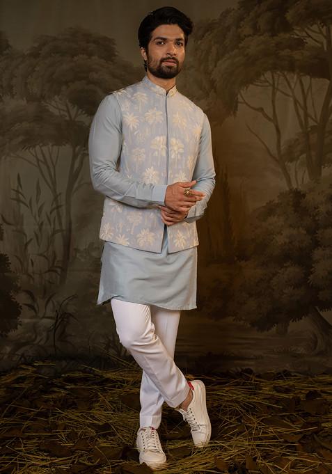 Powder Blue Thread Embroidered Nehru Jacket And Kurta Set For Men