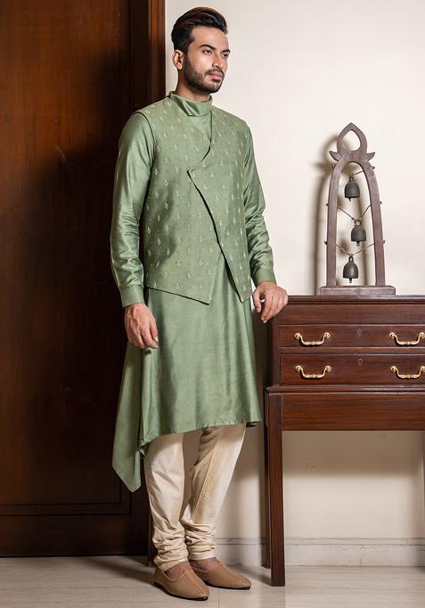 Green Hand Embroidered Silk Jacket And Draped Kurta Set For Men