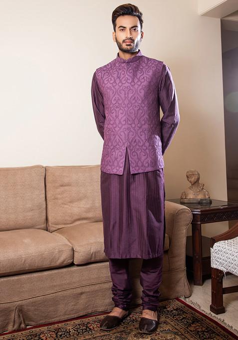 Purple French Knot Embroidered Nehru Jacket And Kurta Set For Men