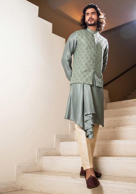 Sage Green Hand Embroidered Nehru Jacket And Kurta Set For Men