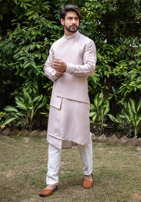 Lilac Side Cut Embroidered Jacket And Kurta Set For Men
