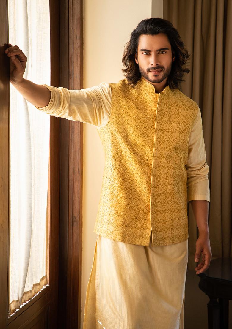 Buy Yellow Zari Embroidered Nehru Jacket And Contrast Kurta Set For Men Darshika Indya