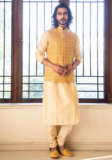 Yellow Zari Embroidered Nehru Jacket And Contrast Kurta Set For Men