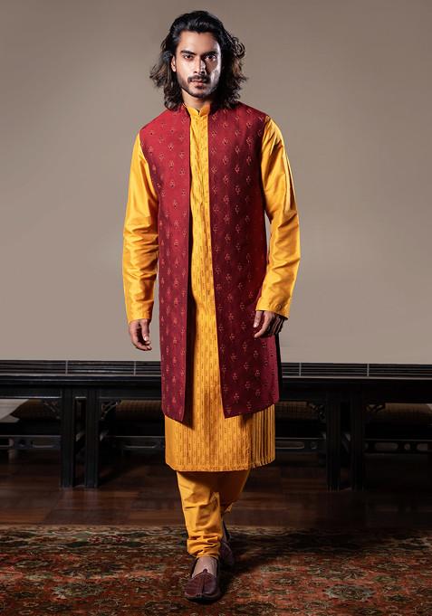 Maroon Embroidered Jacket And Yellow Kurta Set For Men