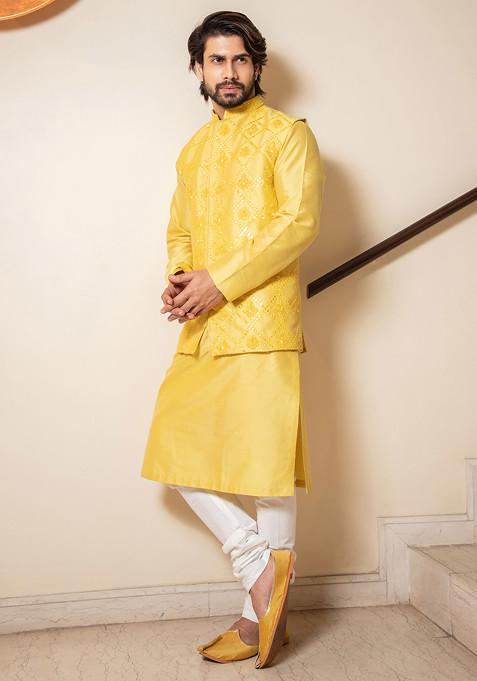Lemon Yellow Mirror Embroidered Nehru Jacket And Kurta Set For Men
