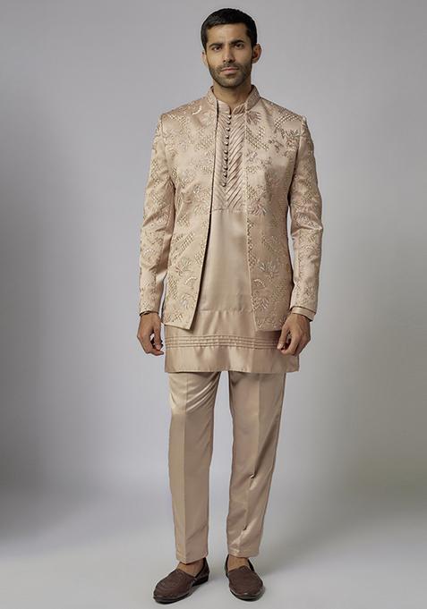 Rose Gold Thread Embroidered Satin Silk Indowestern Jacket Set For Men