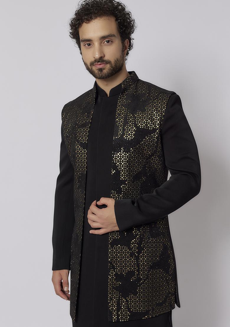 Jet Black Stone Embroidered Indo Western Jacket Set For Men - Indya
