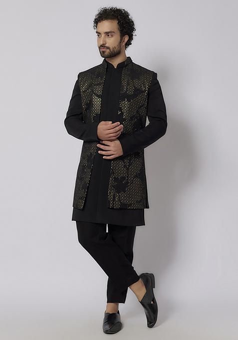 Jet Black Stone Embroidered Indo Western Jacket Set For Men