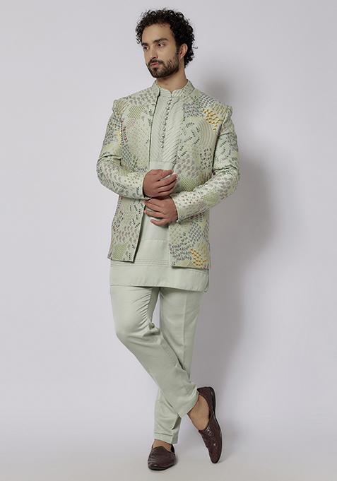 Celadon Green Embroidered Indo Western Jacket Set For Men
