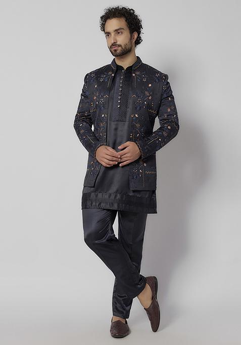Midnight Blue Embroidered Indo Western Jacket Set For Men