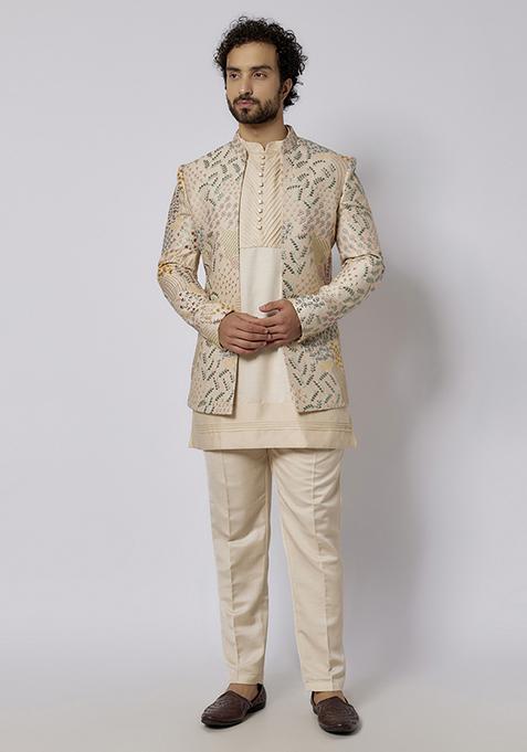 Sand Grey Embroidered Indo Western Jacket Set For Men
