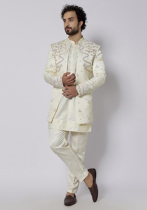 Alabaster White Embroidered Silk Indowestern Jacket Set For Men