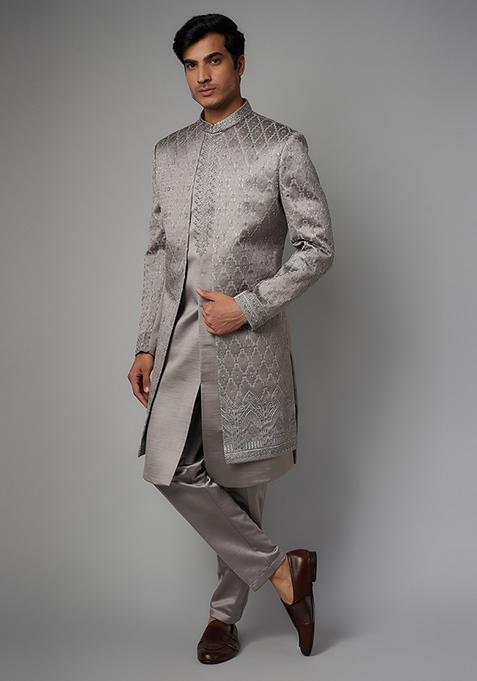 Steel Grey Embroidered Satin Silk Indowestern Jacket Set For Men