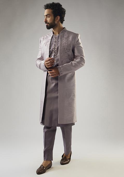 Purple Thread Embroidered Indo Western Jacket Set For Men