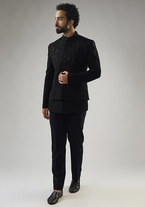 Black Cutdana Embroidered Jacket Set For Men