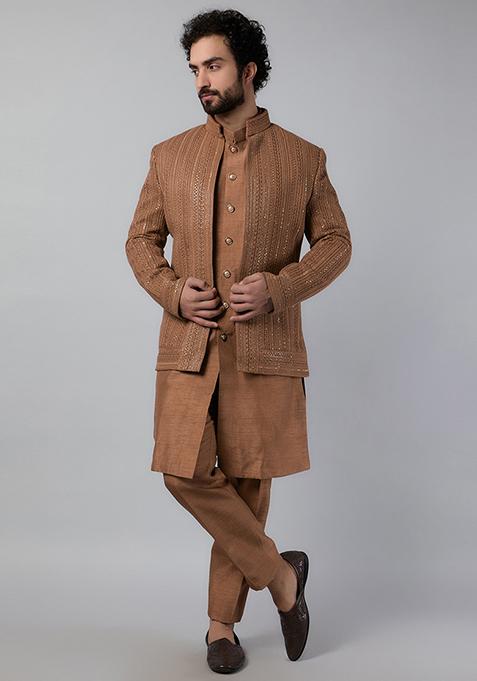 Rust Embroidered Open Jacket And Kurta Set For Men