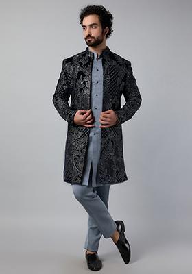 Navy Blue Velvet Embroidered Open Jacket And Kurta Set For Men