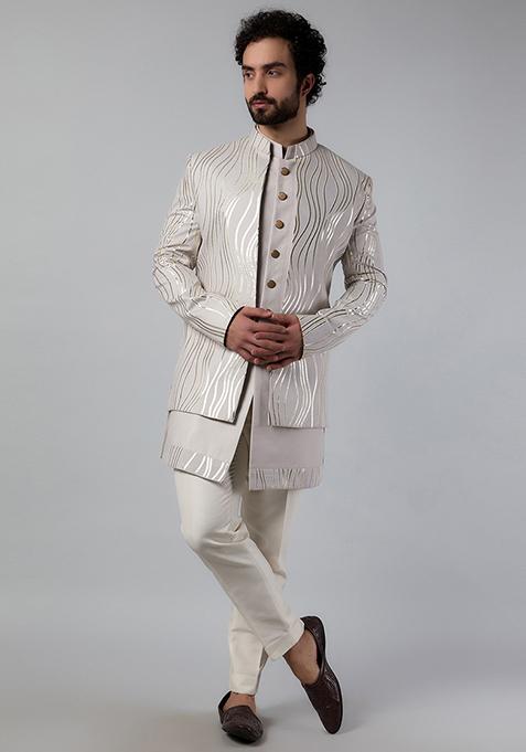 Grey Embroidered Open Jacket And Kurta Set For Men