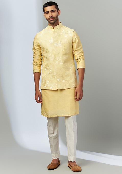 Yellow Embroidered Jacket And Kurta Set For Men