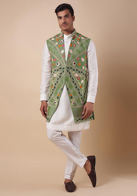 Green Embroidered Jacket And Kurta Set For Men