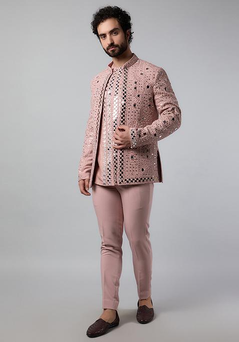 Pink Embroidered Open Jacket And Kurta Set For Men