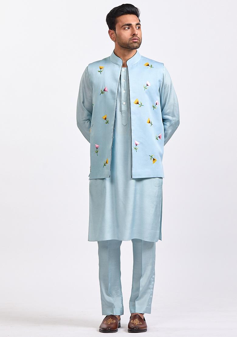 Blue Flower Motif Nehru Jacket And Kurta Set For Men