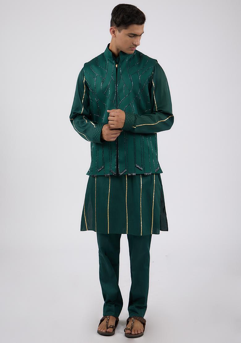 Bottle Green Crystal Rope Nehru Jacket And Kurta Set For Men