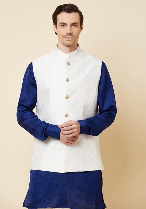 White Embroidered Jacket And Kurta Set For Men