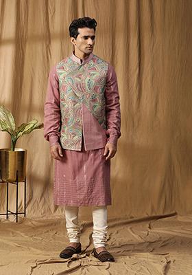 Rose Gold Embroidered Silk Jacket And Kurta Set
