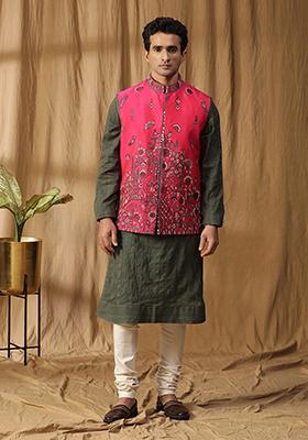 Pink Embroidered Silk And Cotton Vanraaj Bundi Jacket Set