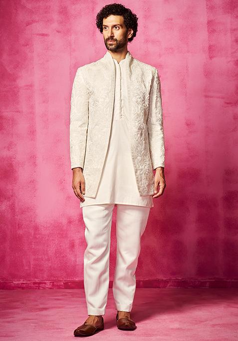 Ivory Embroidered Jacket With Kurta Set For Men