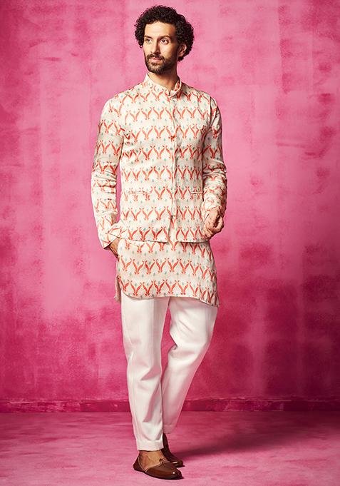 Ivory Printed Kurta With Waistcoat And Narrow Pants For Men