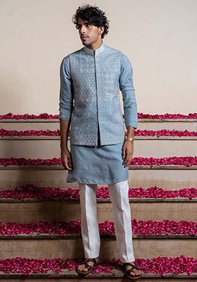 Blue Kantha Work Bundi Jacket And Kurta For Men