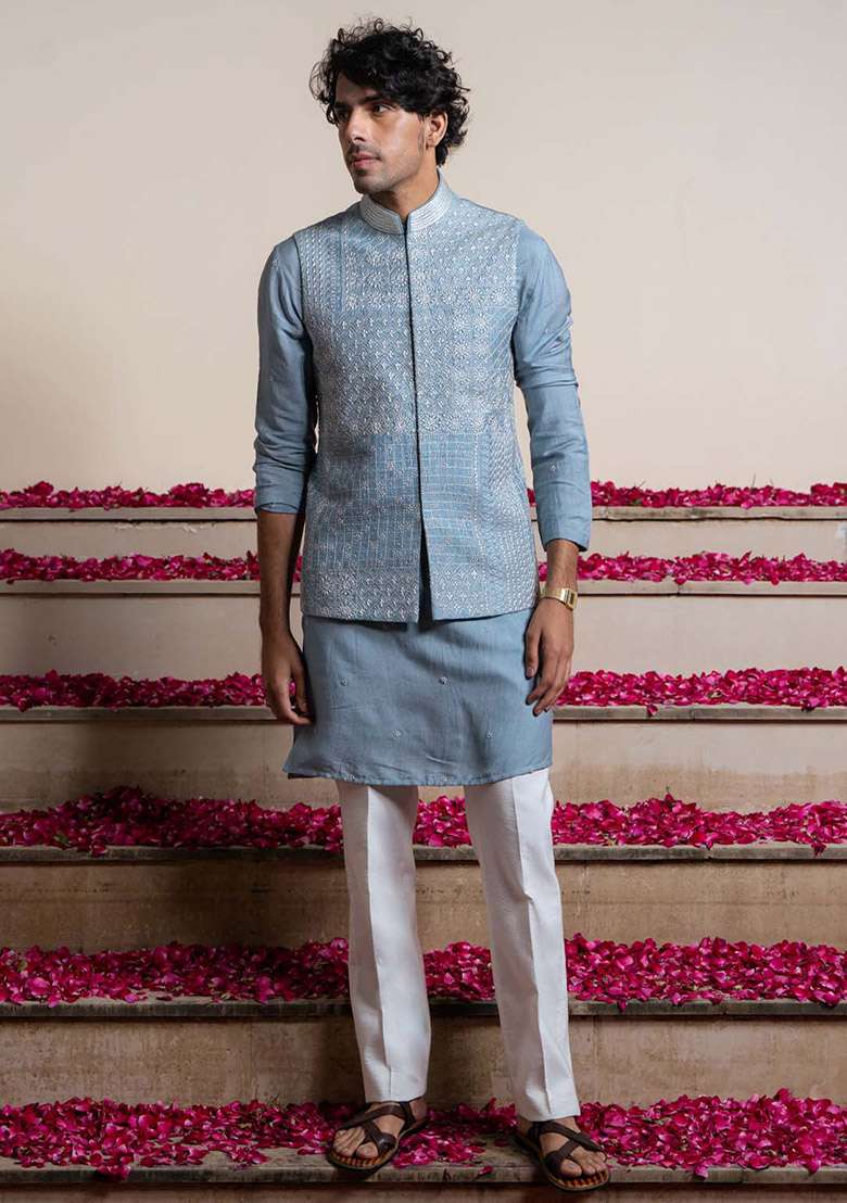 Blue Kantha Work Bundi Jacket And Kurta For Men - Indya