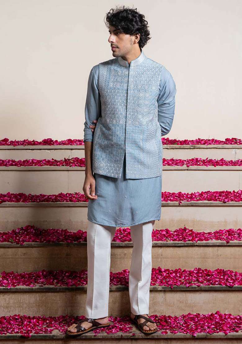 Blue Kantha Work Bundi Jacket And Kurta For Men - Indya