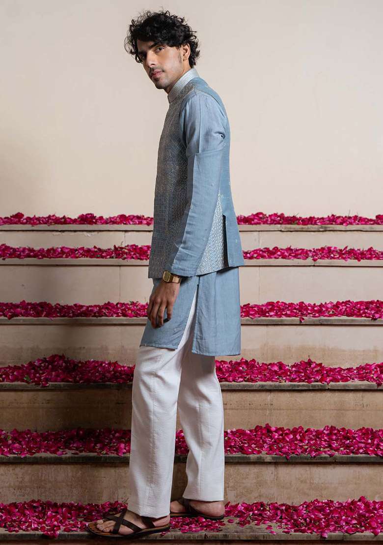 Blue Kantha Work Bundi Jacket And Kurta For Men - Indya
