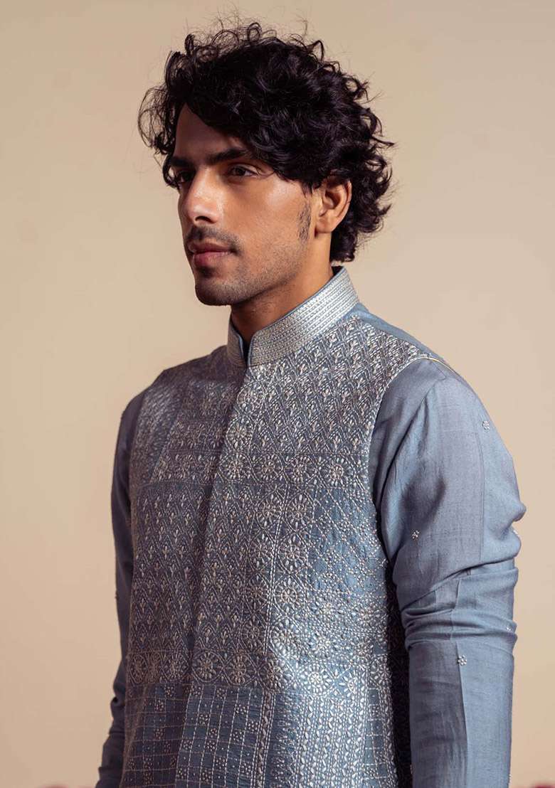 Blue Kantha Work Bundi Jacket And Kurta For Men - Indya
