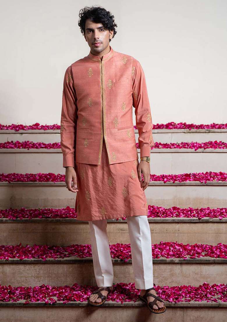 Rust Cheeku Embroidered Bundi Jacket And Kurta For Men - Indya